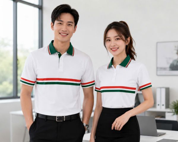 Ảnh của ÁO THUN POLO ĐỒNG PHỤC TRẮNG PHỐI SỌC XANH LÁ - ĐỎ NĂNG ĐỘNG